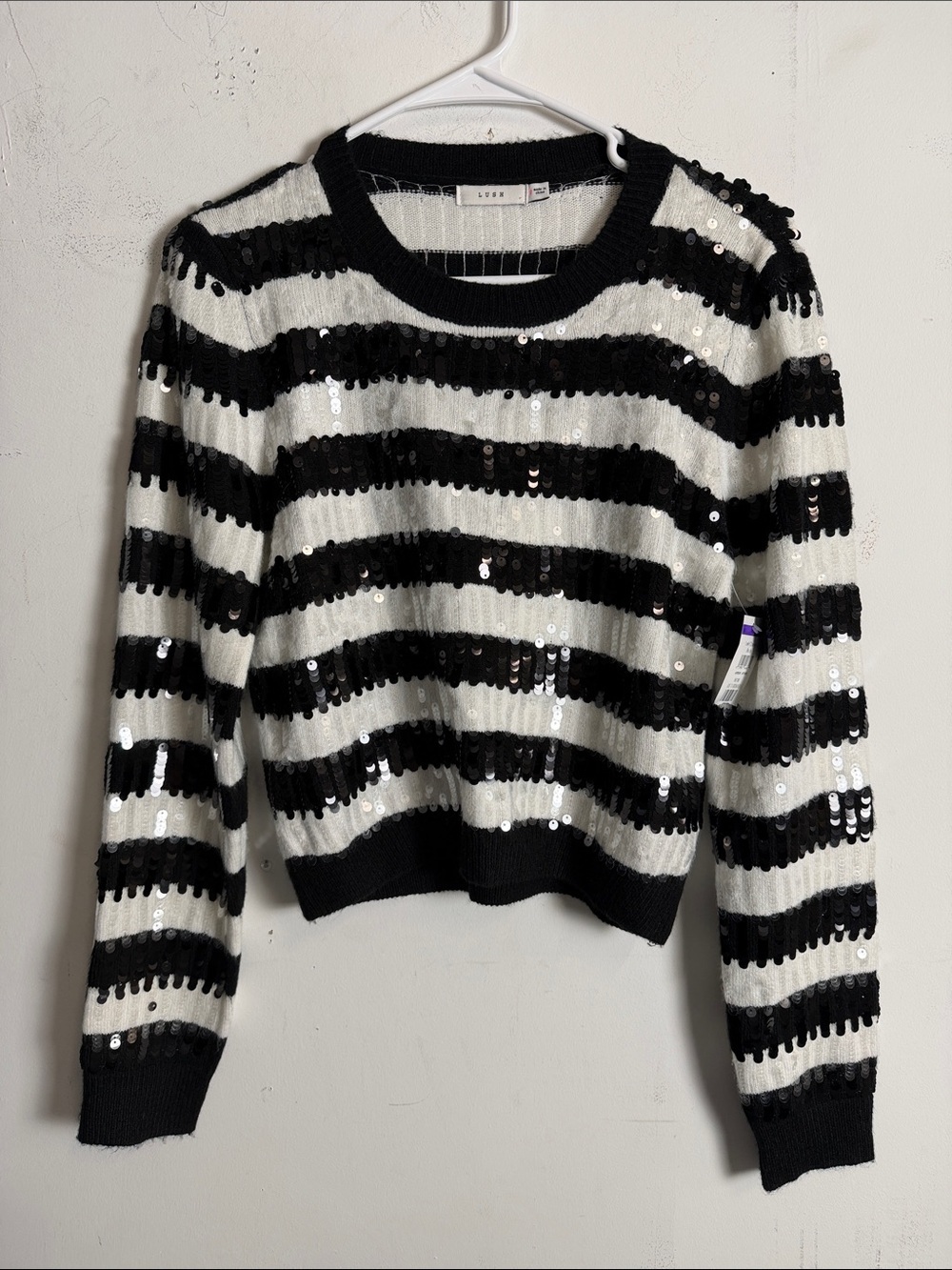 Lush Black and White Striped Sequin Crewneck Sweater